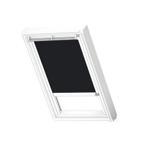 Velux Verdunkelungsrollo DML C02, schwarz-weiß, mit weißen Schienen für Dachfenster.