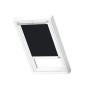 Velux Verdunkelungsrollo DML C02, schwarz-weiß, mit weißen Schienen für Dachfenster.