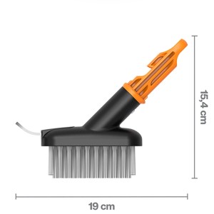 Fiskars Fugenbürste OneClick, orange-schwarz, mit Stahlborsten und Klinge zum Reinigen von Pflasterfugen.