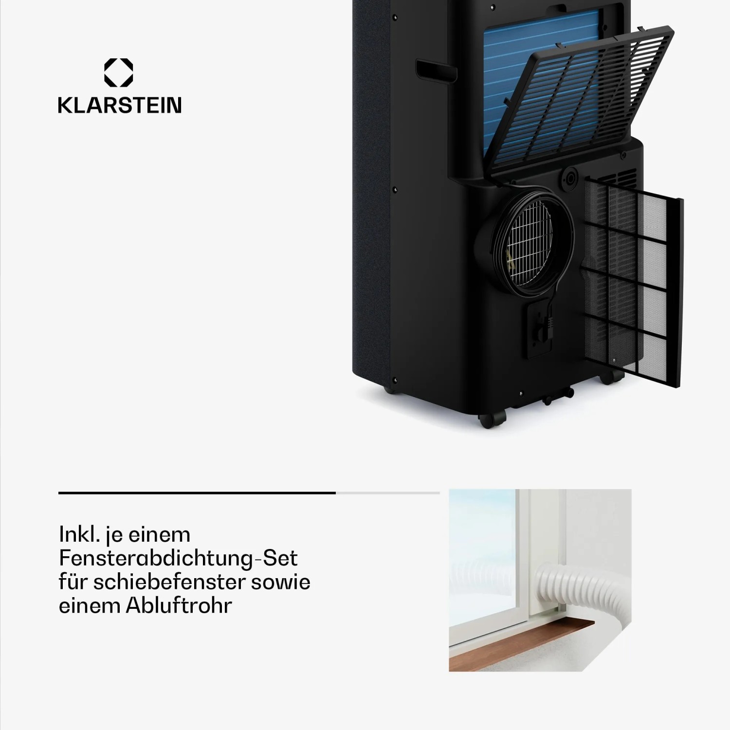 Klarstein AireLux Klimaanlage, dunkelgrau, mit offenem Filter und Fenster-Kit.