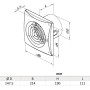 Technische Zeichnung VENTS Quiet 150 TH Abluftventilator mit Maßen für Wand- und Deckenmontage.