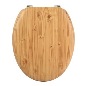 MSV WC-Sitz im Kiefer-Design, brauner MDF-Sitz mit Edelstahl-Scharnieren.