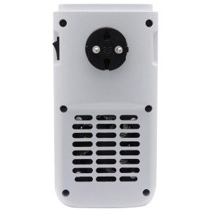 Rückseite des weißen TroniTechnik Steckdosen Heizlüfters mit Kamineffekt und Lüftungsgitter.