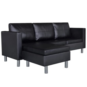 Schwarzes L-förmiges Kunstleder Sofa, 3-Sitzer mit Chromfüßen.