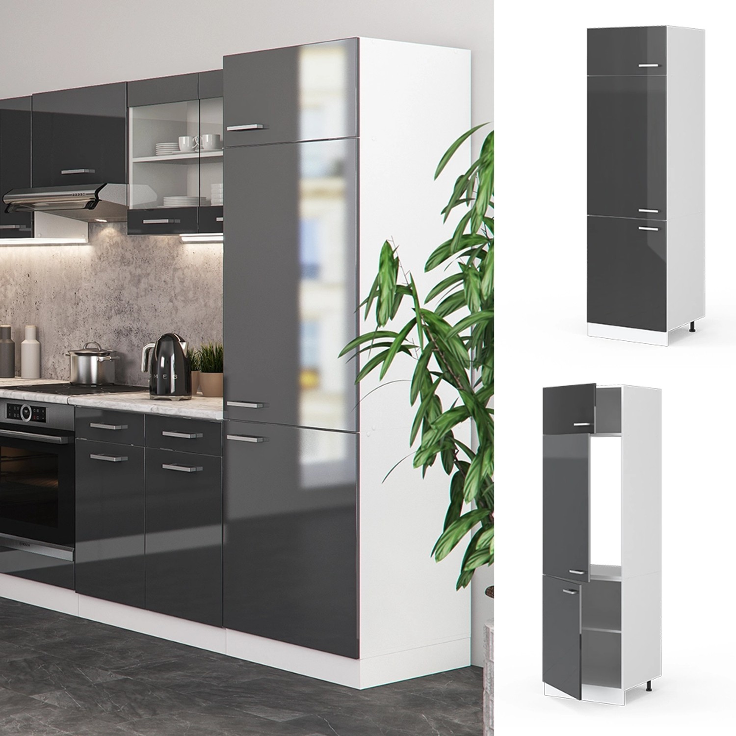 Vicco Kühlumbauschrank R-Line, Hochschrank Küche, Anthrazit Hochglanz/Weiß, 60 cm