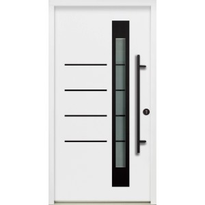 Moderne Splendoor Haustür Berlin Prime in Weiß-Schwarz mit Edelstahlapplikation und Glasausschnitt.