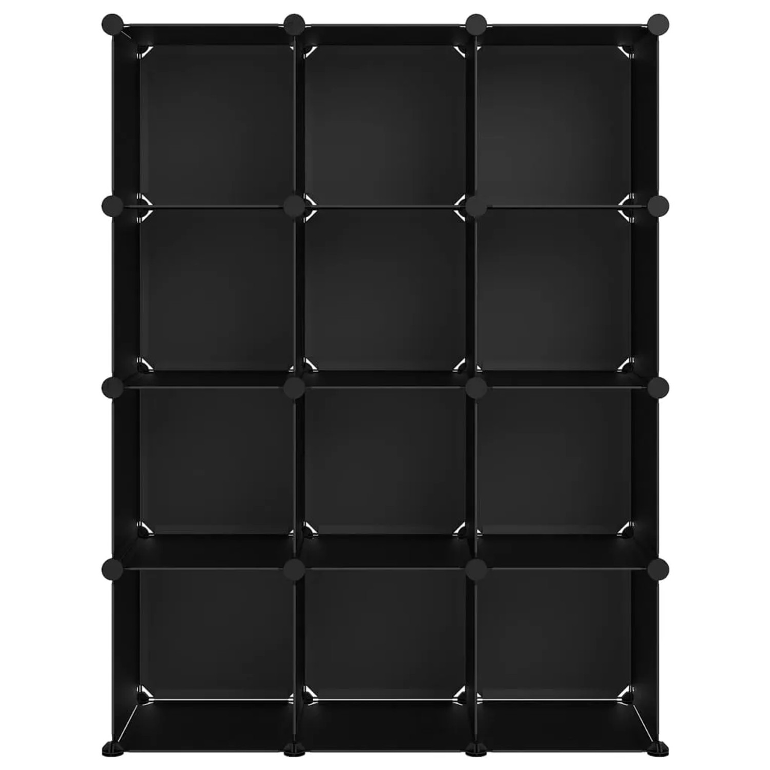 Schwarzes vidaXL Regalsystem mit 12 Würfeln aus PP-Kunststoff und Stahl.