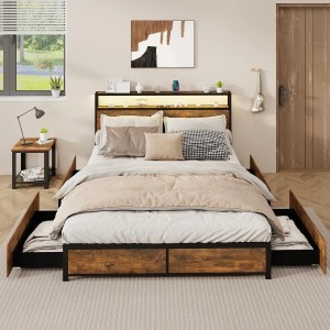 Costway Bett 200x160 cm mit LED, Ladestation und Schubladen in rustikalem Braun und Schwarz.