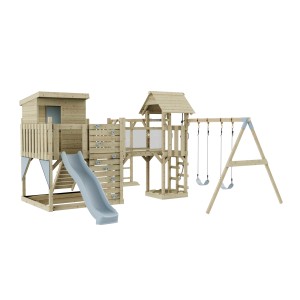 OutdoorToys Spielturm Malou mit Schaukel, Rutsche, Kletterwand und Spielhaus in Eisblau.