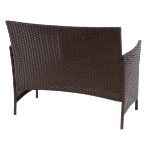 Rückansicht der braunen Poly-Rattan Gartenbank Hamar mit geschwungener Rückenlehne und Armlehnen.