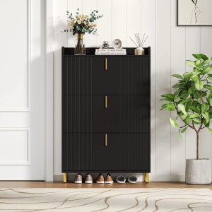 Merax Schuhschrank mit 3 Klappen 6 Fächer Schuhkipper Schwarz 80x24x124 cm