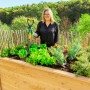 Westmann Hochbeet aus Lärche mit Bepflanzung und Frau mit Spaten im Garten.