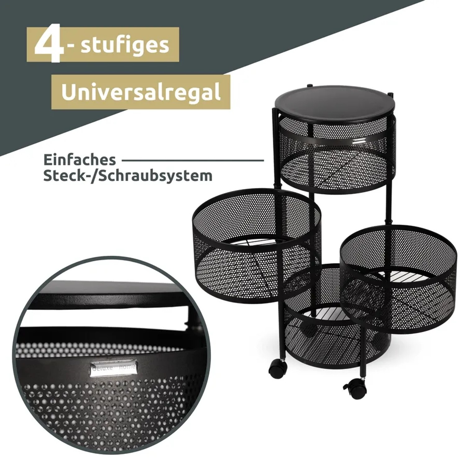 deluxe4home Rollwagen mit 4 schwenkbaren Ebenen, Bad-Standregal.