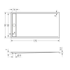 Technische Zeichnung: Steinkamp Duschwanne Living, 170x90 cm, superflach mit Ablaufrinne.