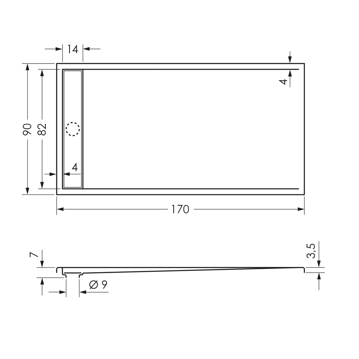 Technische Zeichnung: Steinkamp Duschwanne Living, 170x90 cm, superflach mit Ablaufrinne.