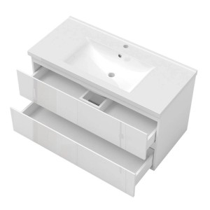 Weißer Hochglanz Waschtisch mit Keramik Waschbecken und zwei offenen Schubladen. Modernes Badmöbel Set, 100cm breit.