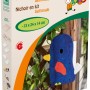 Nistkasten-Bausatz Self-Made: Karton mit Farben, Pinsel und fertigem, blau bemaltem Nistkasten.