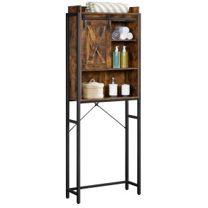 Songmics Badregal Daxton, braun-schwarz, 64x24x171cm. Bad-Standregal mit Ablagen und Schrank.