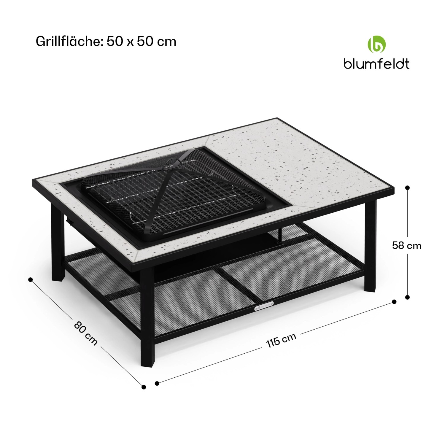 Blumfeldt Merano Avanzato L 3-in-1 Feuerschale/Grill/Tisch, 122x87 cm, weiß. Gartengrill mit Tischplatte aus Terrazzo.