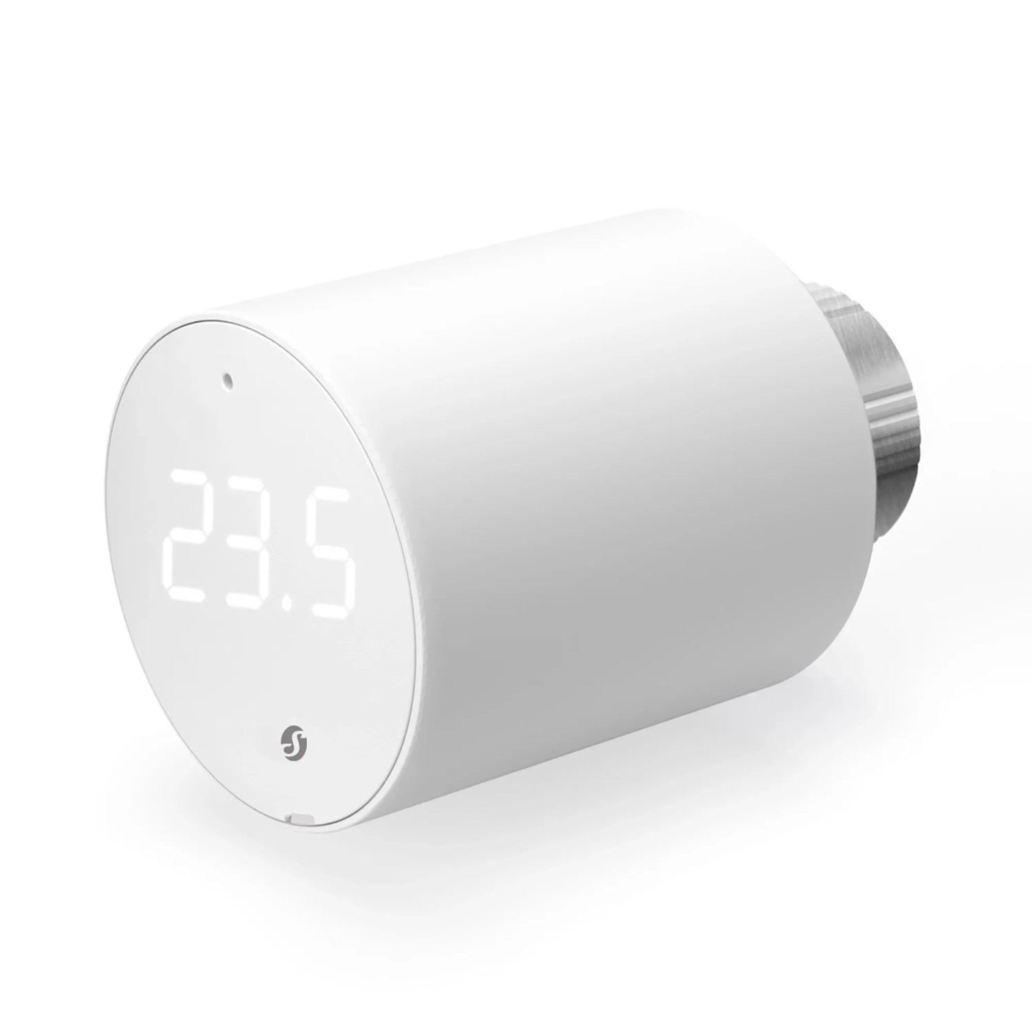 3er Pack Shelly Heizkörperthermostat: Weißer Ventilkopf mit digitaler Temperaturanzeige.