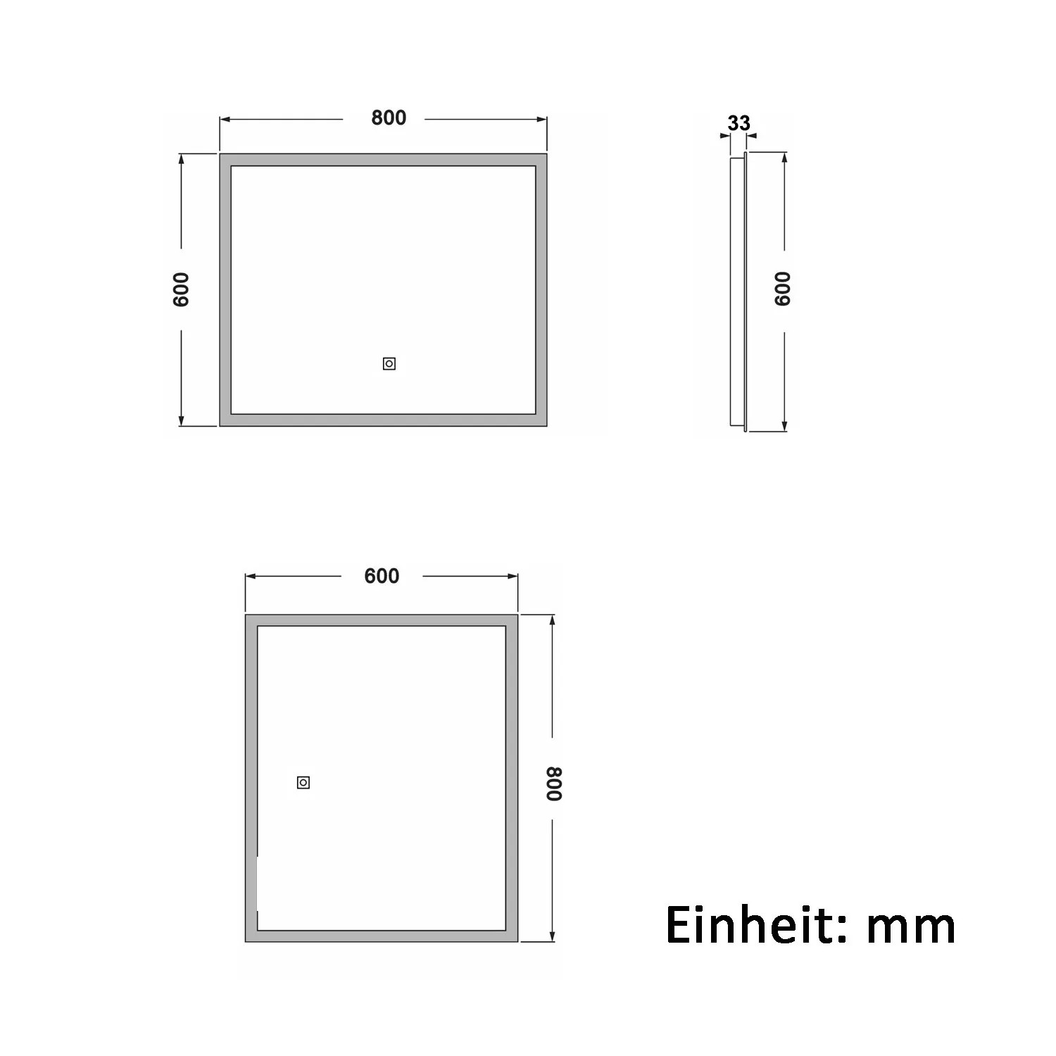 Skizze Badspiegel Aica Sanitär 80x60 cm mit Maßen. Technische Zeichnung des LED Spiegels.