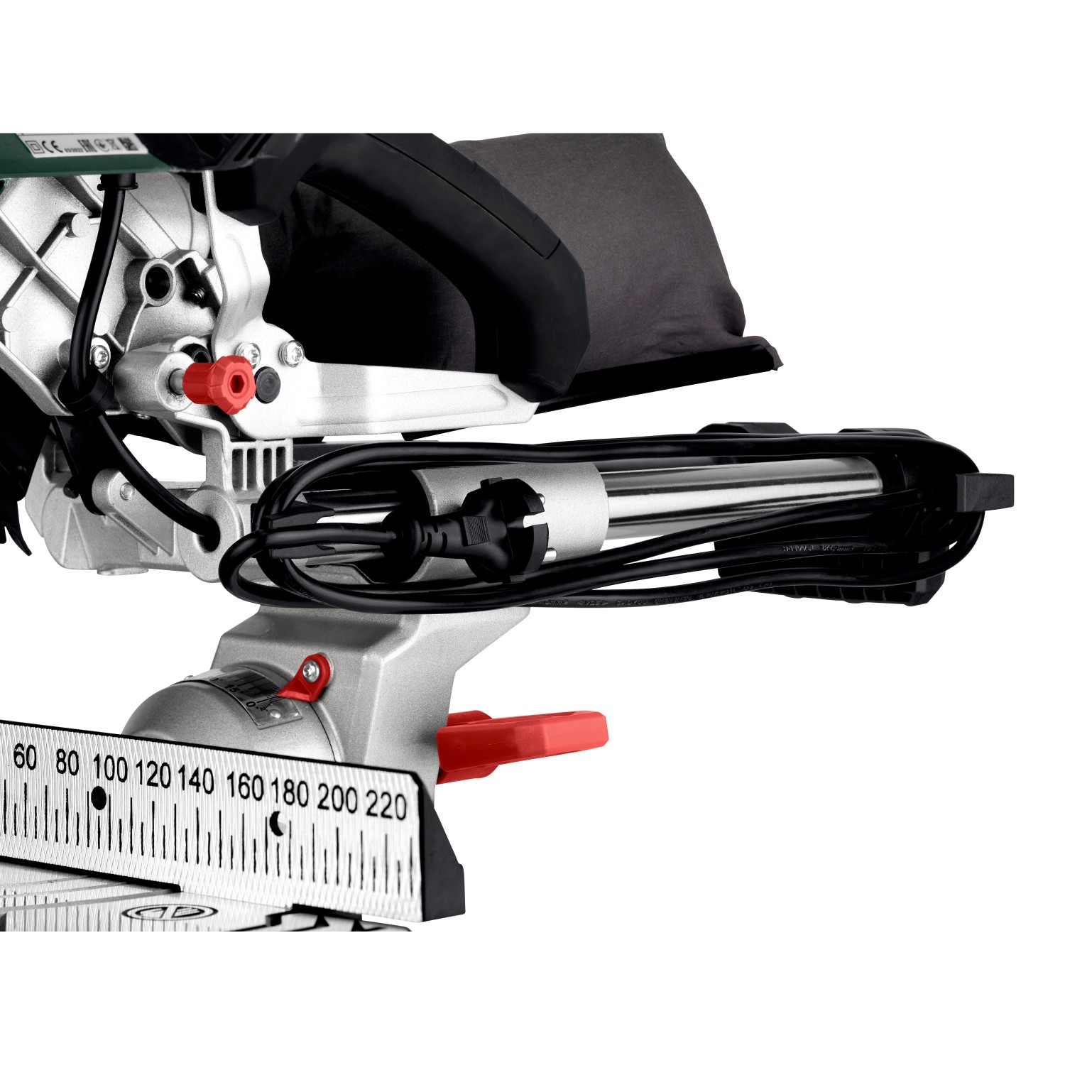 Detailansicht: Metabo Kappsäge KGS 216 M mit Zugfunktion und Zubehör.