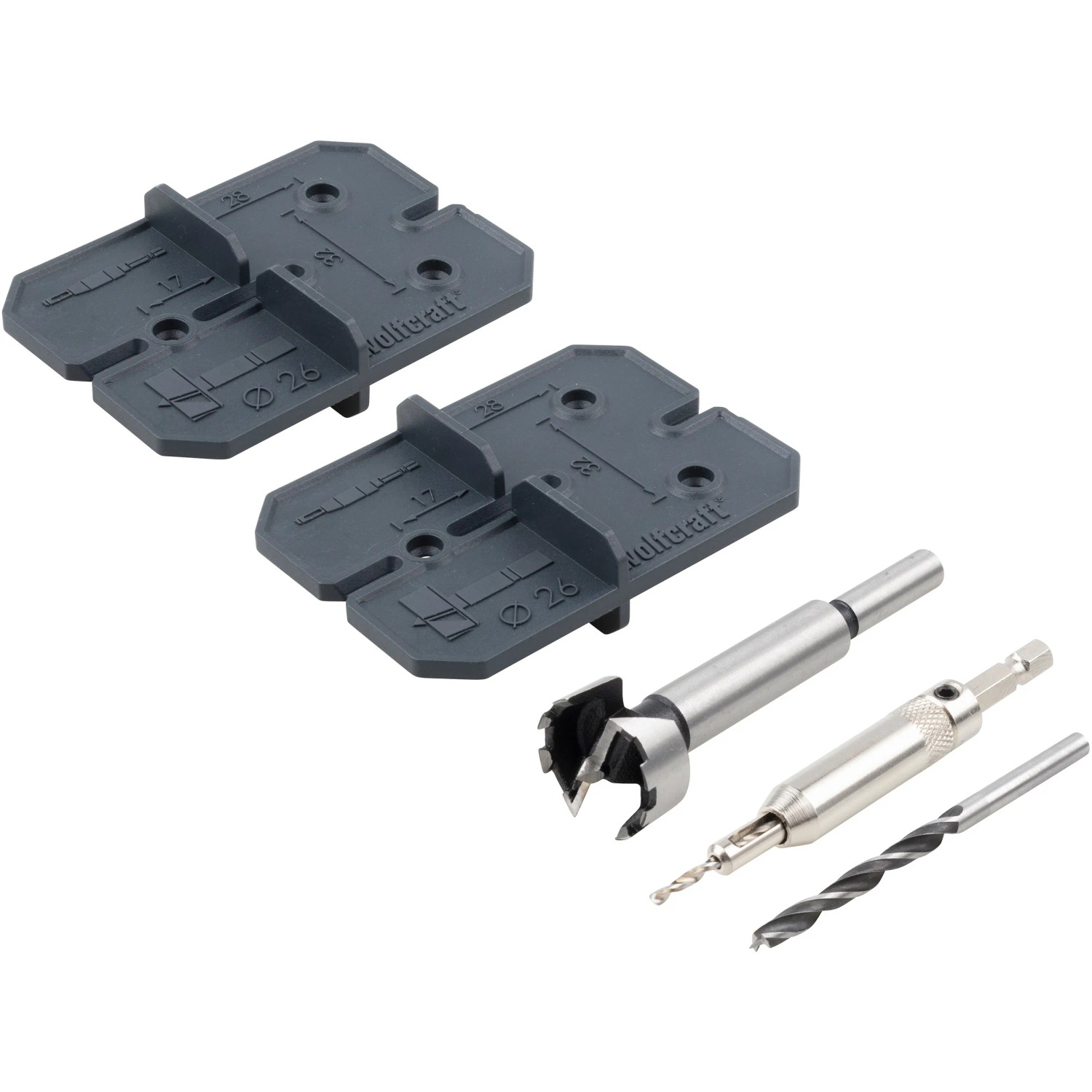 wolfcraft Scharnierloch-Set, 5-teilig mit Bohrschablonen, Forstner-, Zentrier- und Holzspiralbohrer.