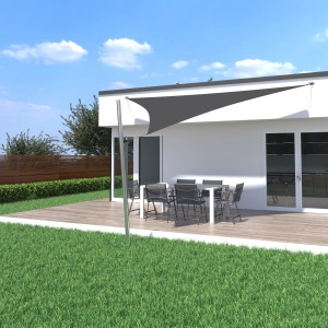 Anthrazitfarbenes Toldoro Sonnensegel Komplettset mit Mast und Befestigung über einer Terrasse.