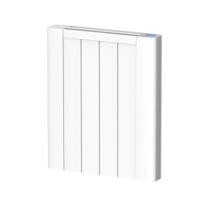 Weißer Sannover Celerad 1000W Aluminium-Wandheizkörper mit vertikalen Lamellen und blauem LCD-Display.