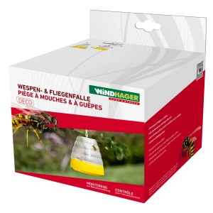 Verpackung der Windhager Fliegen- und Wespenfalle 400ml mit Anwendungsbeispiel.