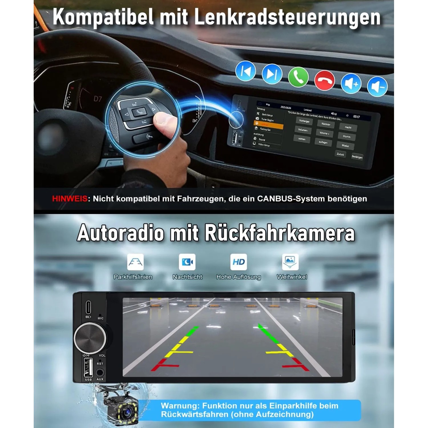 Junsun 6.3 Zoll IPS Autoradio mit Lenkradsteuerung und Rückfahrkamera mit Parklinien. Unterstützt CarPlay & Android Auto.
