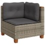 Graues vidaXL Garten-Ecksofa aus Rattan mit dunklen Kissen, Teil einer Sofagarnitur.