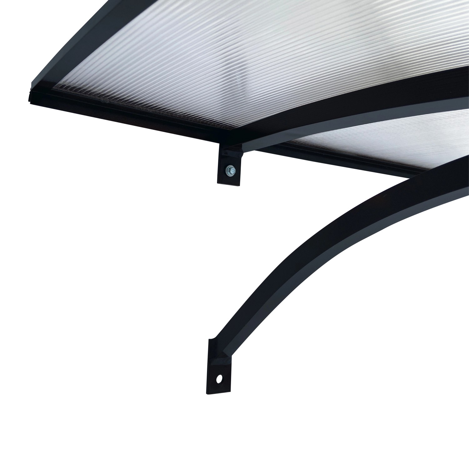 Gebogenes STARKEDACH Vordach mit Aluminiumrahmen in Anthrazit und Polycarbonatbeschichtung.