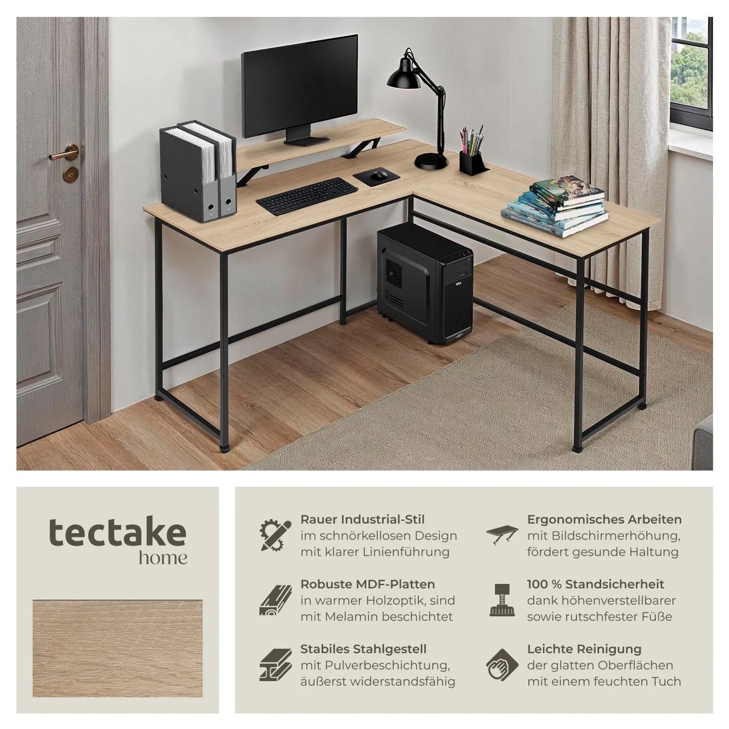 Tectake Eckschreibtisch Melrose im Industrial Style mit Holz- und Stahlgestell in Eiche Sonoma.