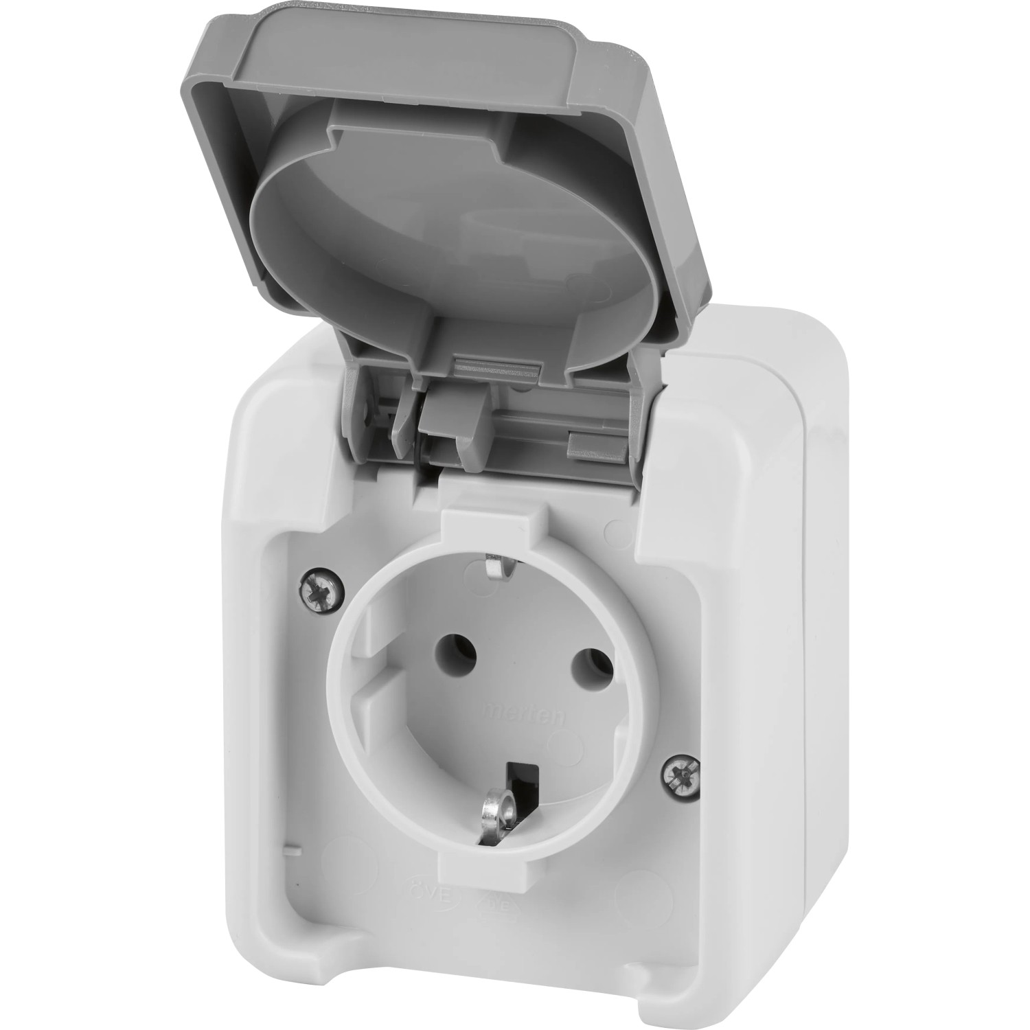 Merten AQUASTAR Schutzkontakt-Steckdose für Feuchträume, Aufputz mit geöffnetem Deckel.
