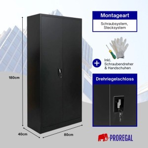 PROREGAL Flügeltürenschrank ELEPHANT Mit 2 Türen Abschließbar HxBxT 180x80x40cm 4 Ebenen Stahl Pulverbeschichtet Schwarz Spind Aktenschrank