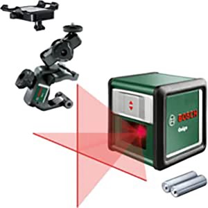 Bosch Quigo Kreuzlinienlaser mit MM 2 Universalklemme, projiziert rote Laserlinien.