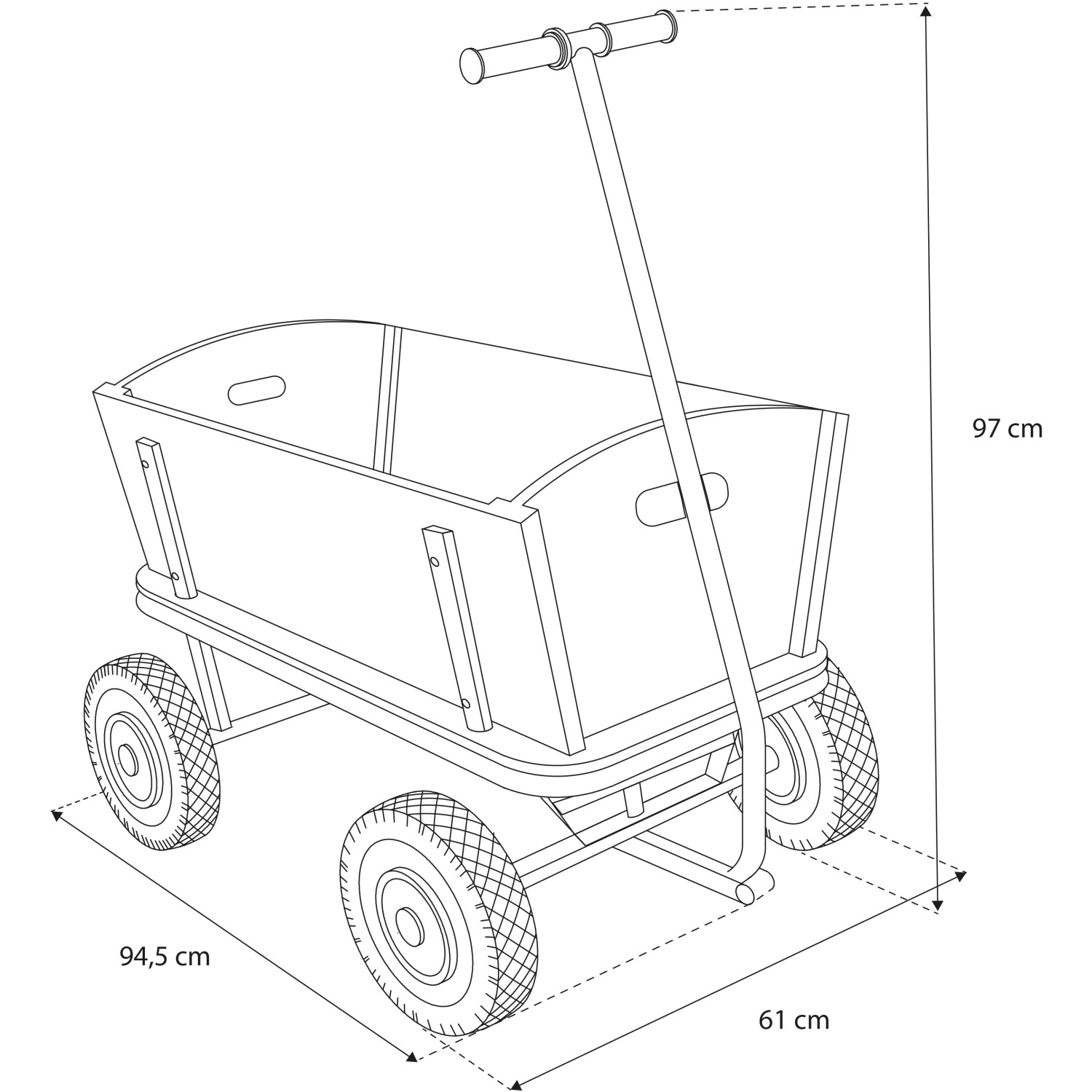 Skizze: Sunny Bollerwagen Billy Beach Wagon Rot mit Maßen 97cm Höhe, 94,5cm Länge und 61cm Breite.