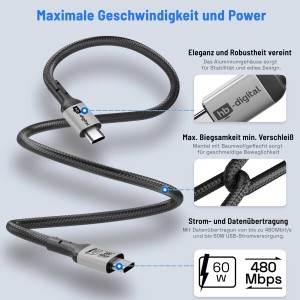 Schwarzes USB-C auf USB-C Kabel (2m) von hb-digital für 60W Ladeleistung.
