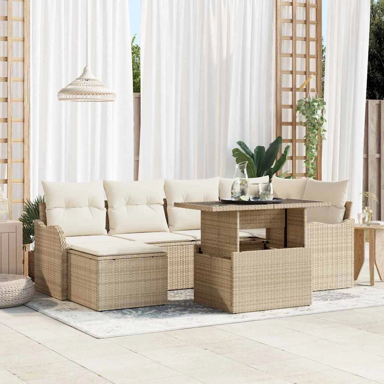 vidaXL 7-Teiliges Garten-Sofaset mit Kissen in Beige Poly Rattan 3348497 günstig online kaufen