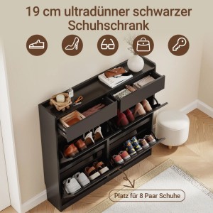 Schmaler schwarzer Schuhschrank (19 cm Tiefe) mit 4 Klappen und 2 Schubladen. Flurschrank für 8 Paar Schuhe.