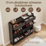 Schmaler schwarzer Schuhschrank (19 cm Tiefe) mit 4 Klappen und 2 Schubladen. Flurschrank für 8 Paar Schuhe.