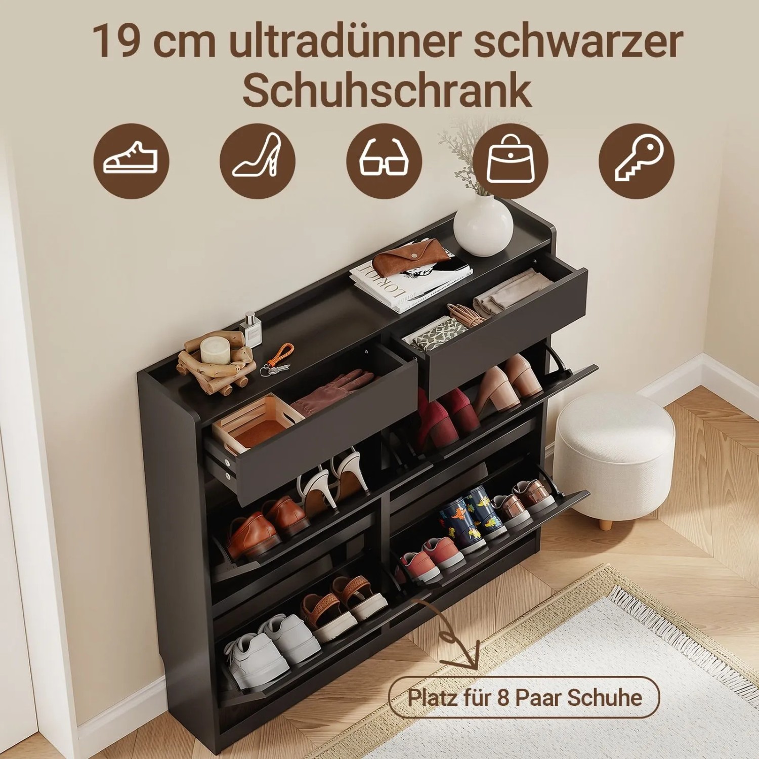 Schmaler schwarzer Schuhschrank (19 cm Tiefe) mit 4 Klappen und 2 Schubladen. Flurschrank für 8 Paar Schuhe.