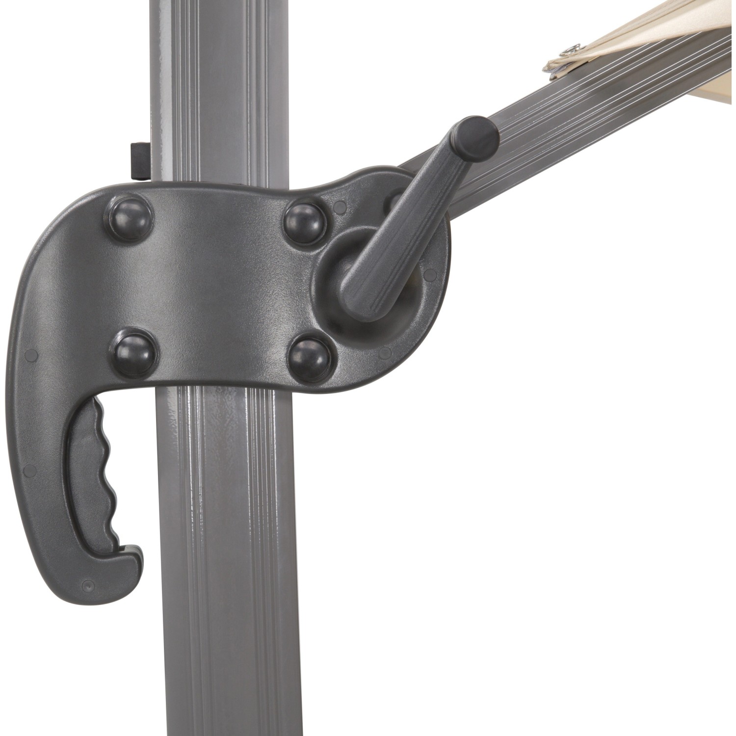 Detailaufnahme Kurbelmechanik des sandfarbenen Schneider Ampelschirm Rhodos Ø 350 cm.