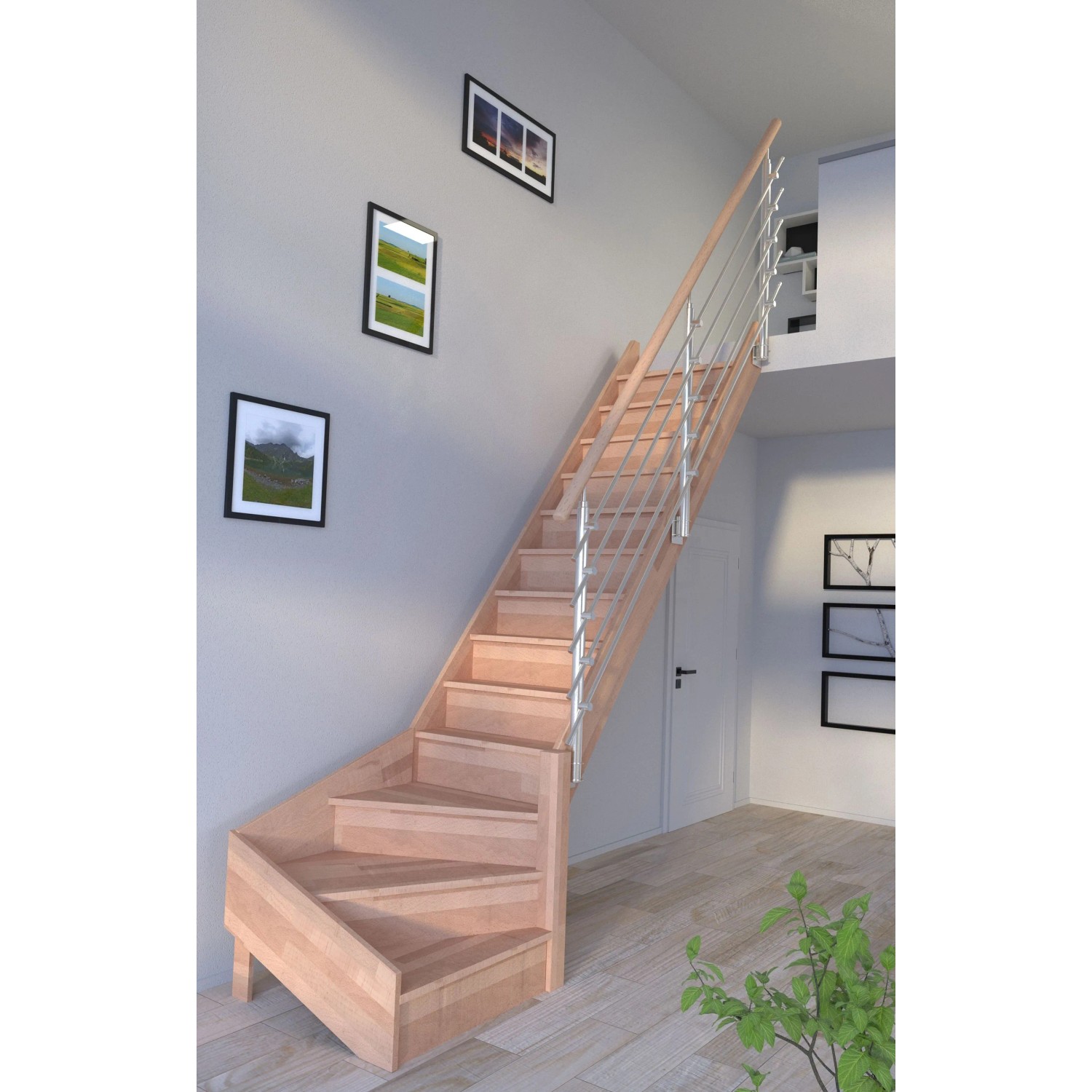StarWood Treppe Rhodos Buche, gewendelt, mit Edelstahlgeländer und Setzstufen.
