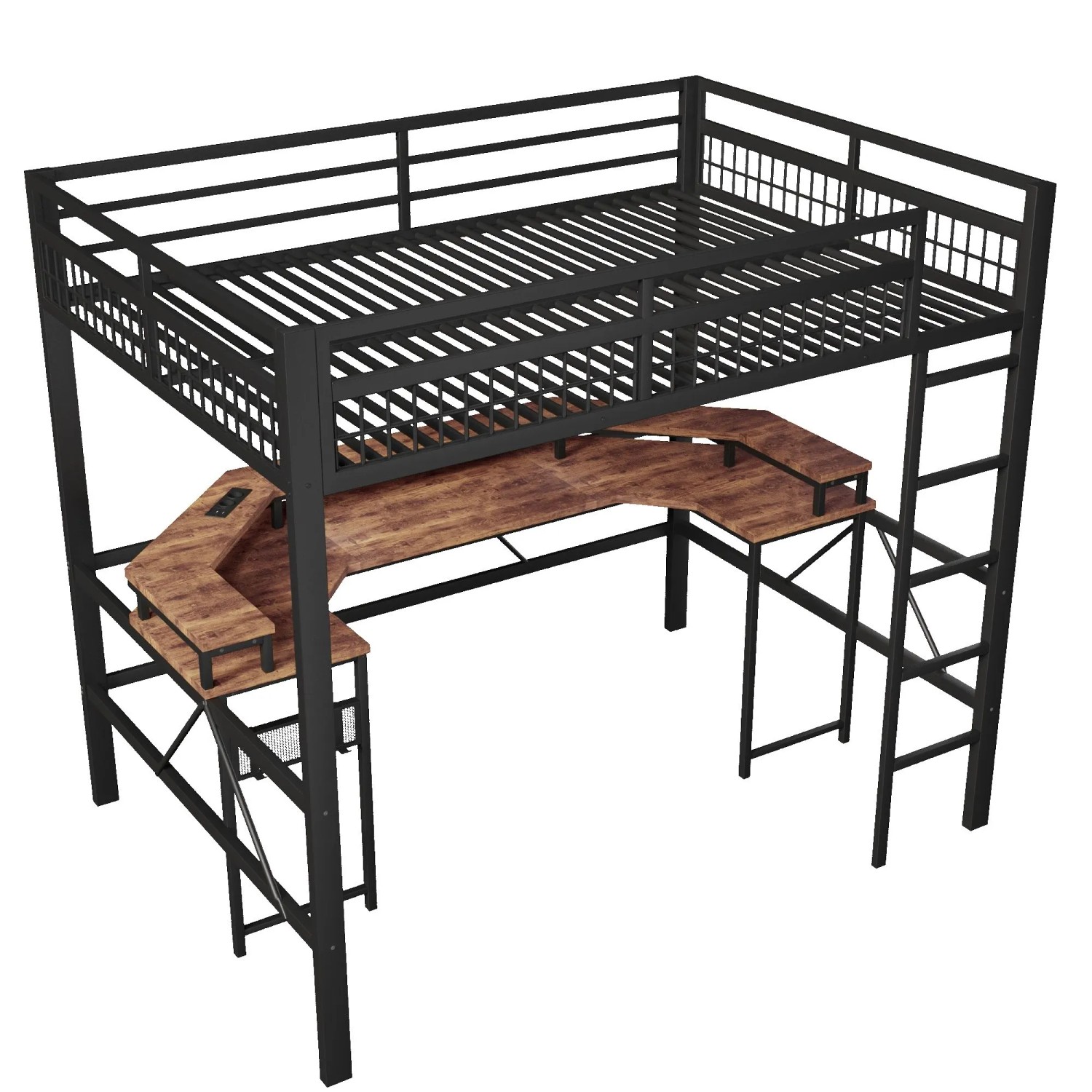 okwish Metall Hochbett 140x200cm mit LED Schreibtisch USB Type C Schwarz ohne Matratze