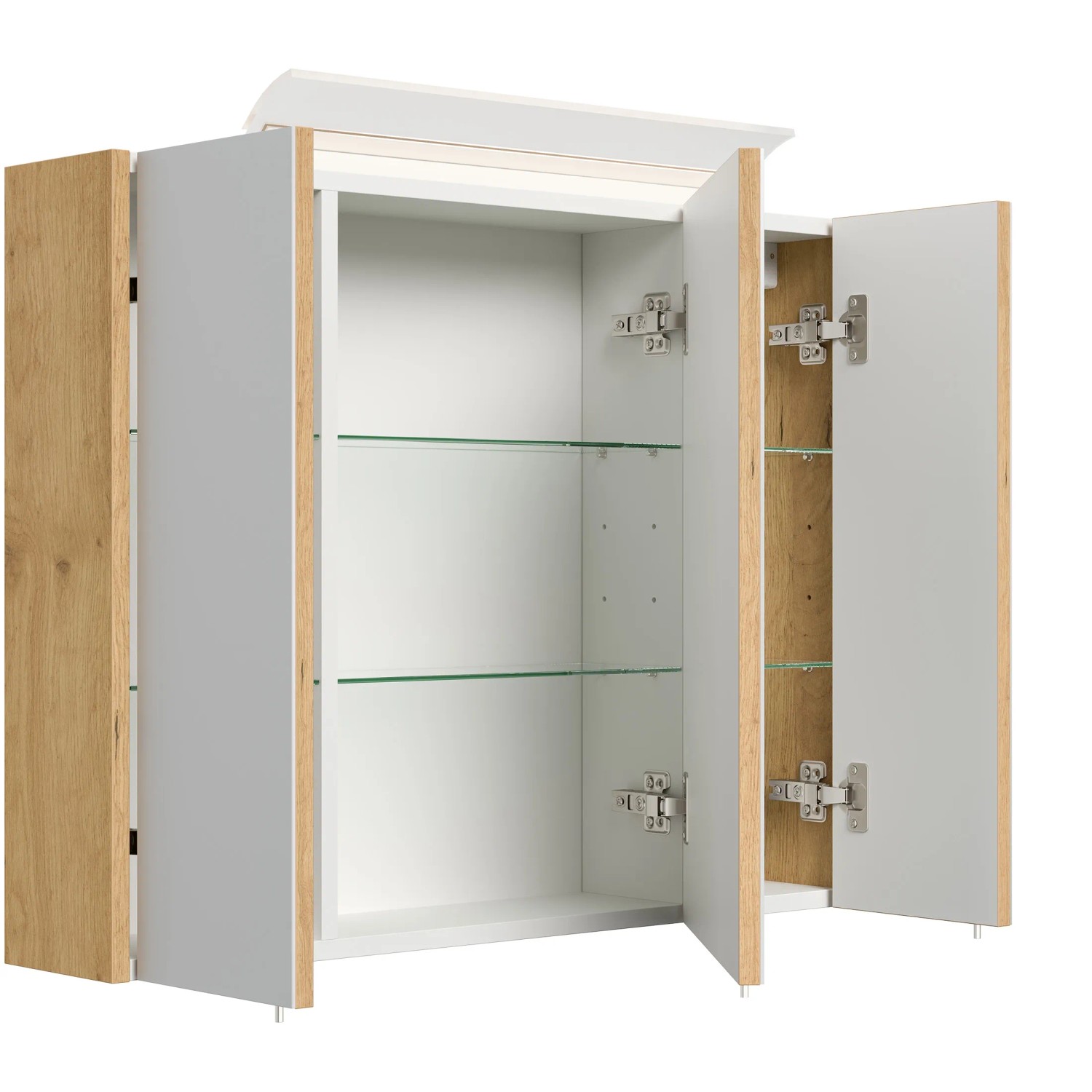 Offener Posseik Spiegelschrank 80 cm Eiche Gold mit LED-Lampe und Glasböden.