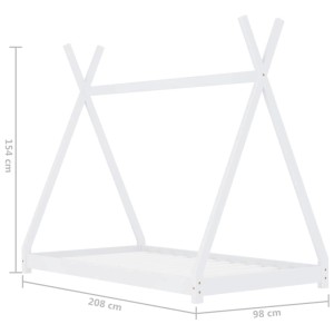 Weißes Kinder-Bettgestell aus massivem Kiefernholz im Tipi-Stil mit Lattenrost, 90x200 cm.
