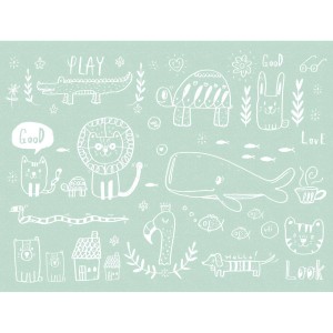 Mintgrüne Kindertapete mit weißen Tierzeichnungen, Vliestapete für Kinderzimmer.