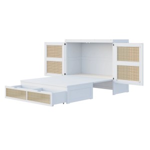 Weißes Merax Schrankbett 140x200cm mit Rattan-Türen und ausziehbaren Schubladen. Modernes Wandbett mit Stauraum.